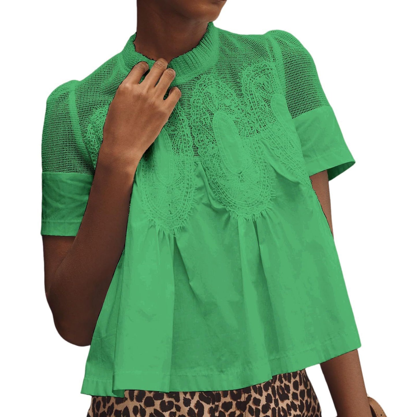 R1313 Lace & Corduroy Patchwork Babydoll Top