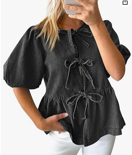 R1265 Bow Knot Babydoll Denim Top
