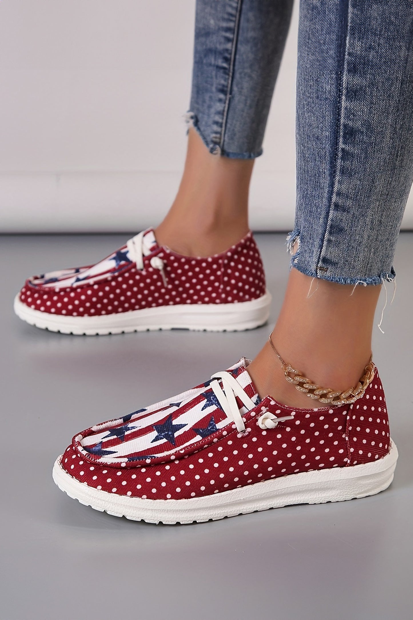 R1344 Racing Red Polka Dot Stars and Stripes Independent Day Casual Shoes