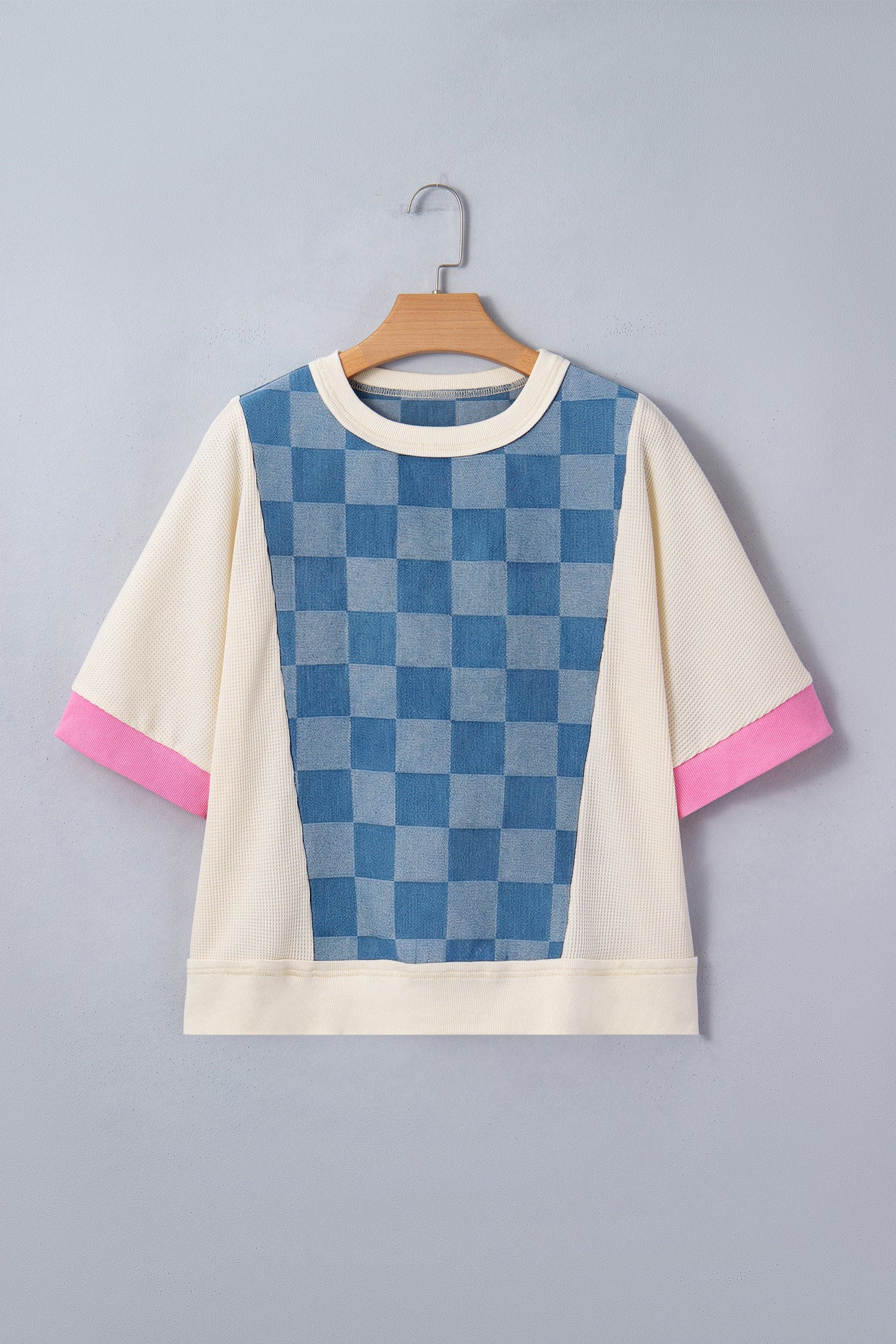 R1305 Checkered Denim Patchwork Short Sleeve Loose Top