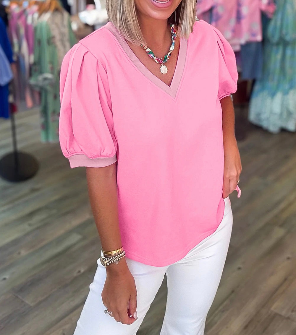 R1199 Pink Puff Sleeve Blouse