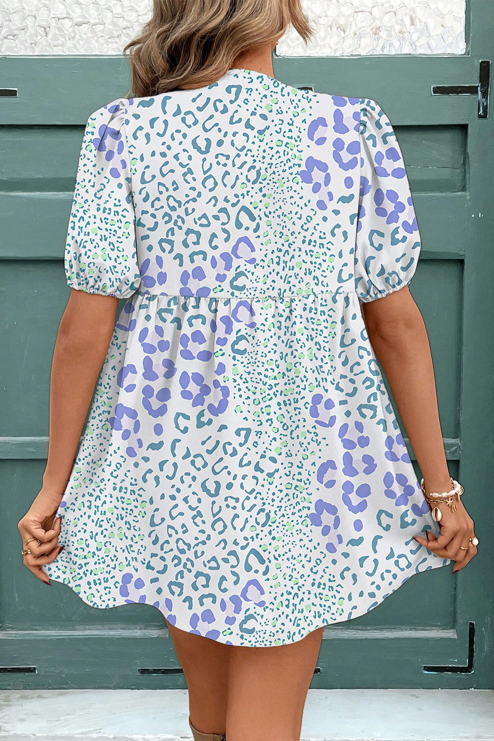R1222 Blue Leopard Puff Sleeve Mini Dress