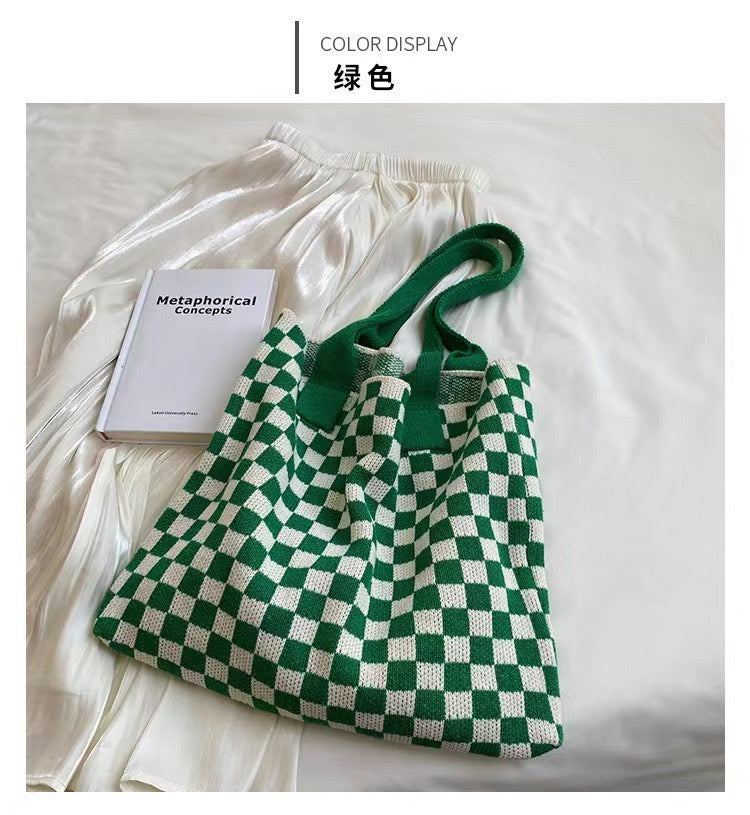 R1283 Knitted Checked Tote Bag