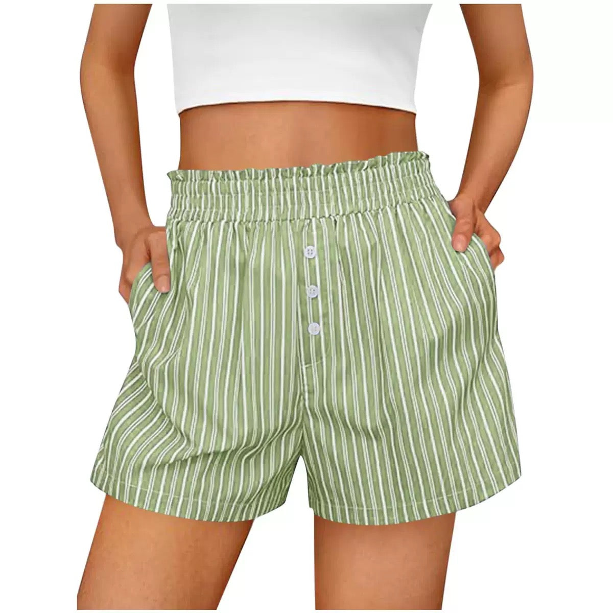 D5450 Summer Stripe Pattern Smock Waist Pocket Shorts