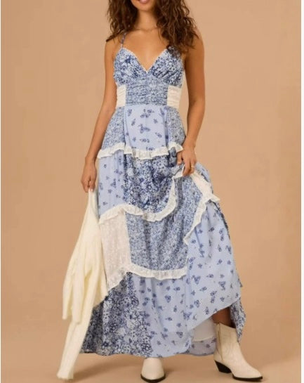 R1272 Floral Patchwork Ruffle Hem Halter Maxi Dress With Adjustable Strap