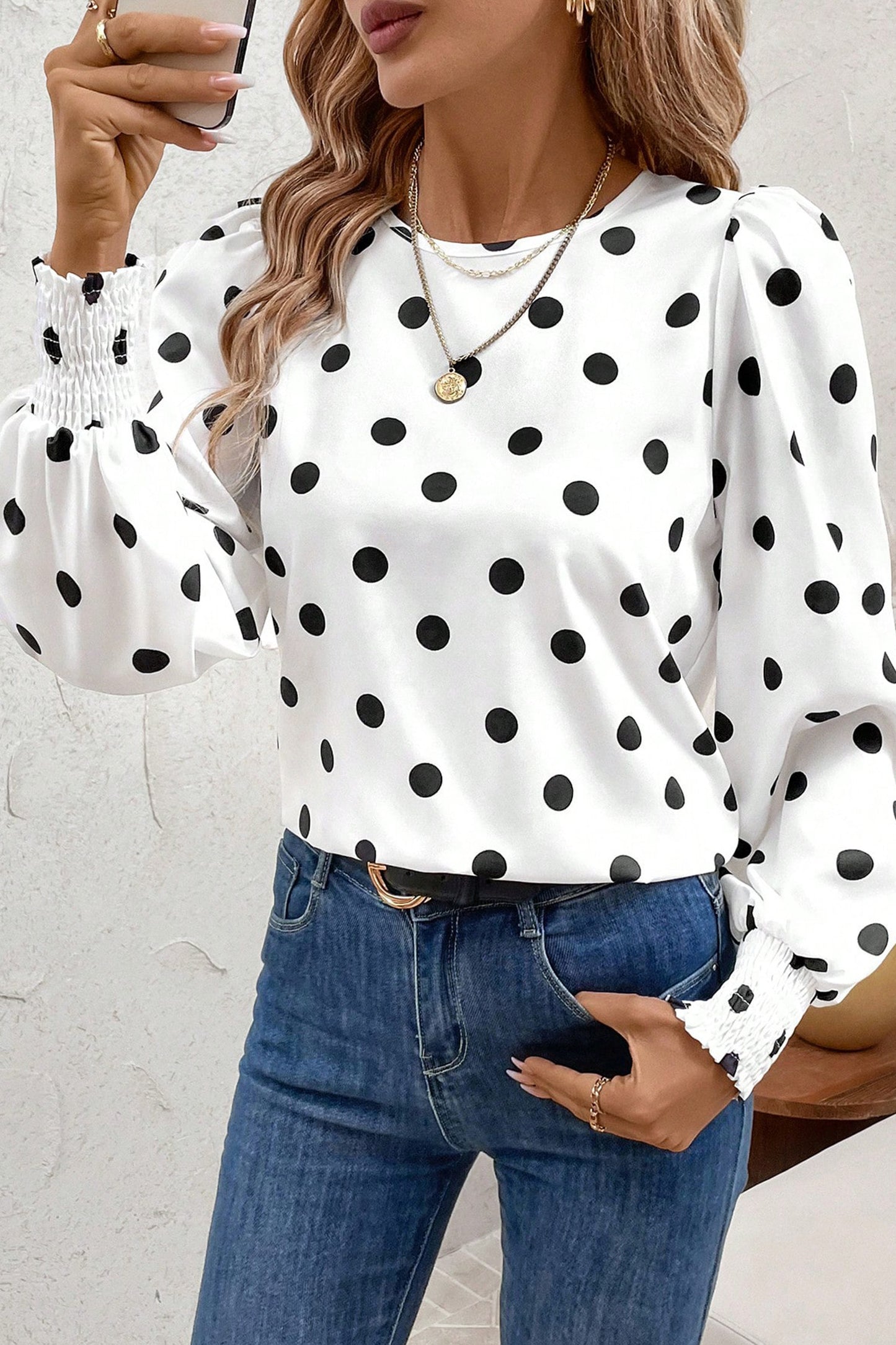 R1280 Long Sleeve Polka Dot Print Blouse