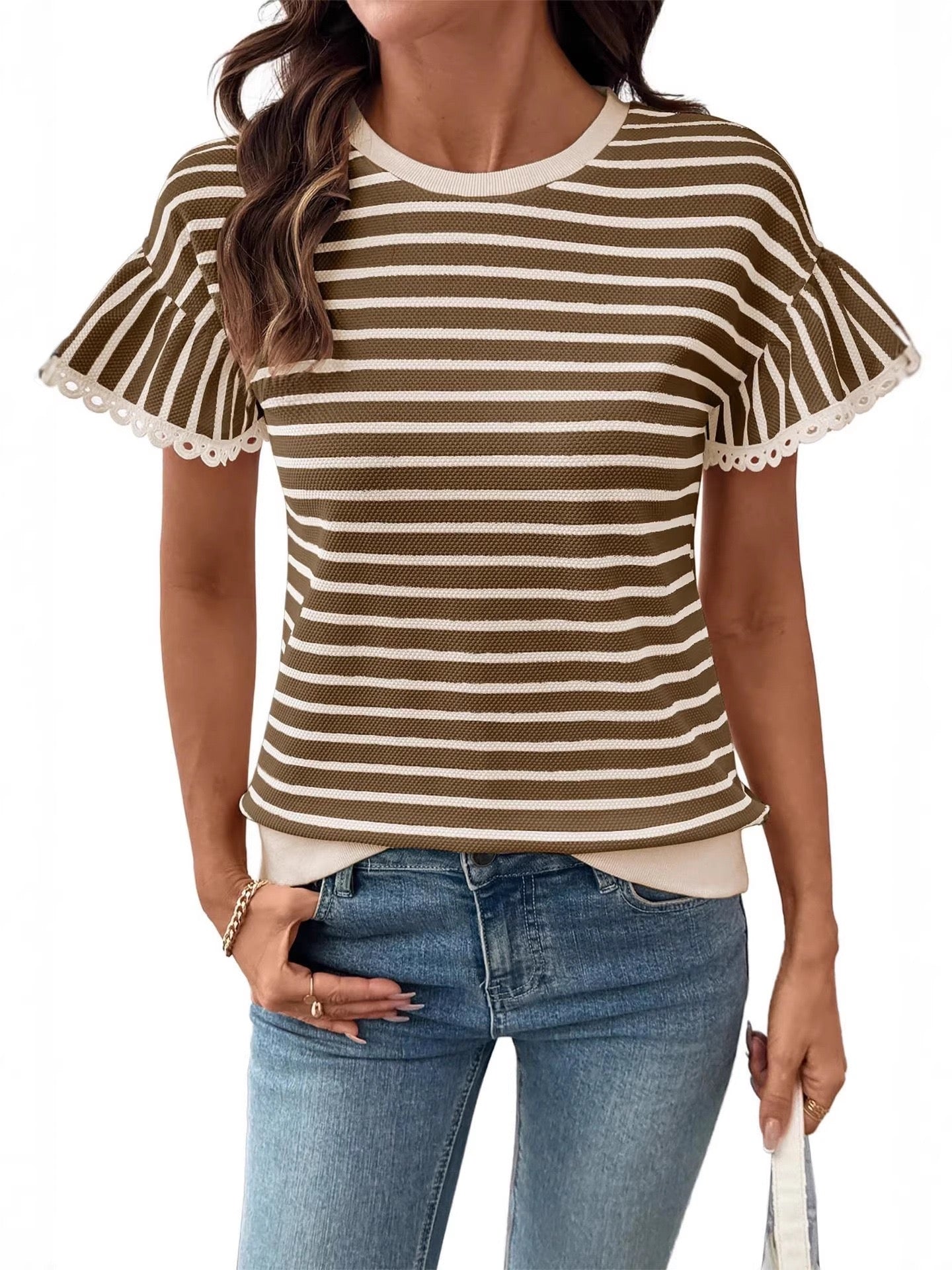 R1395 Short Sleeve Lace Hem Stripe Shirt