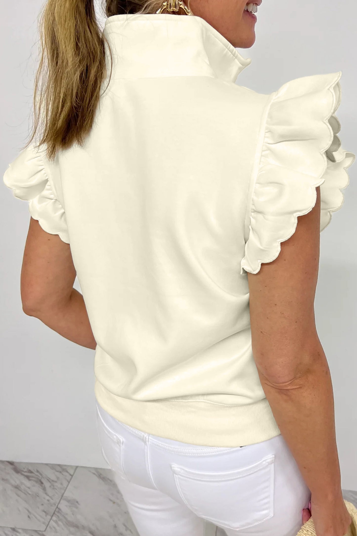 R1279 Beige Zipped up Collared Ruffled Short Sleeve Blouse