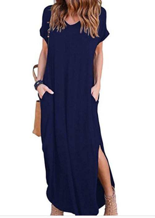 R1294 Short Sleeve Solid Color Pocket Maxi Dress