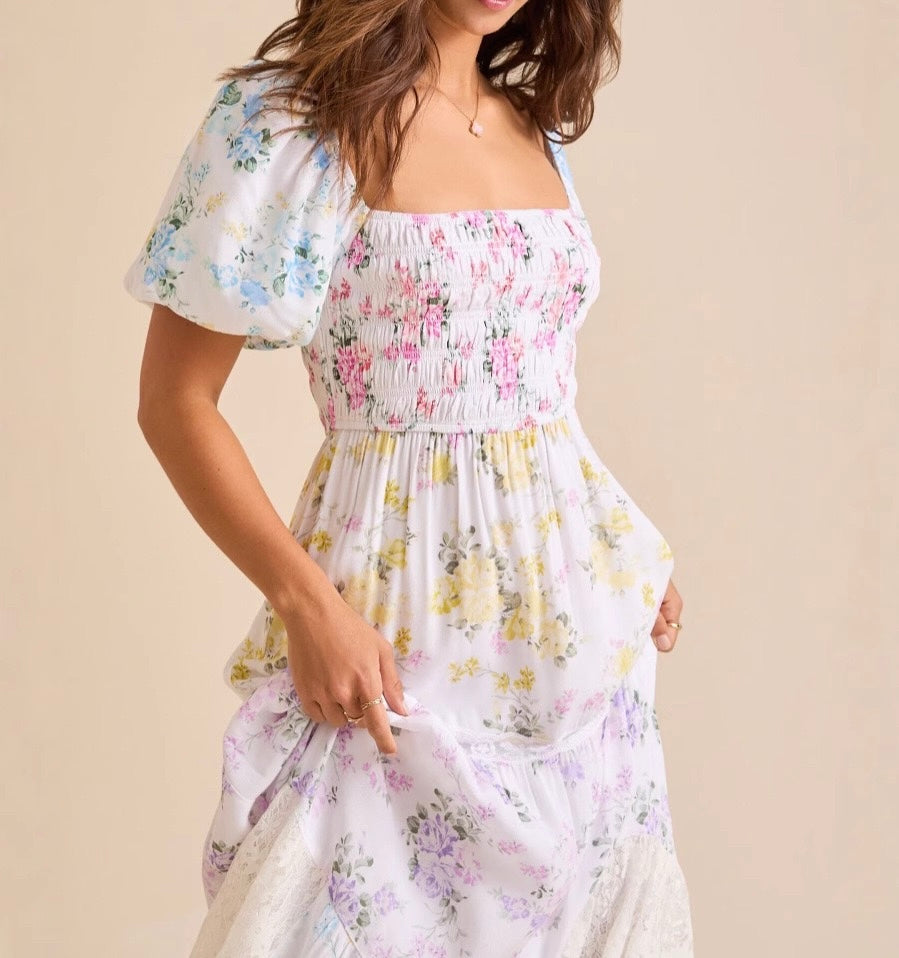R1402 Multicolour Floral Print Striped Color Block Patchwork Square Neck Shirred Long Dress