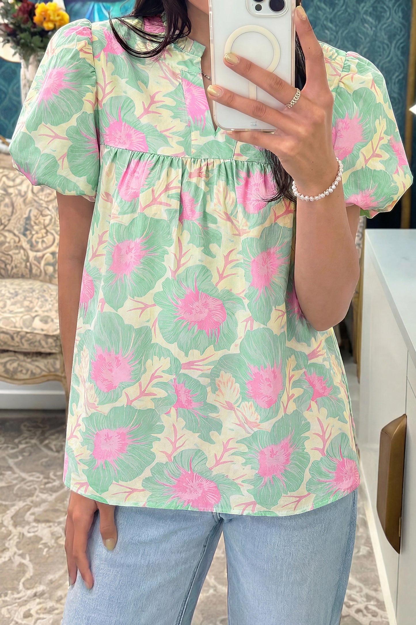 R1385 Short Bubble Sleeve Summer Floral Blouse