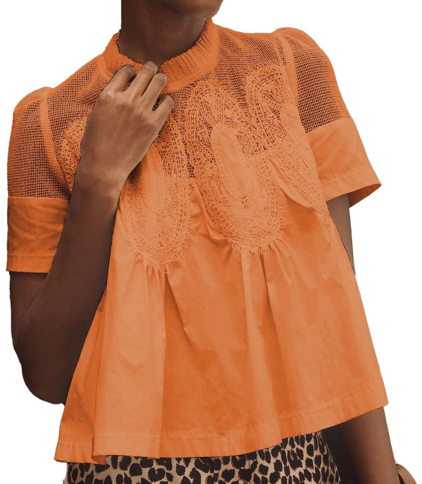 R1313 Lace & Corduroy Patchwork Babydoll Top