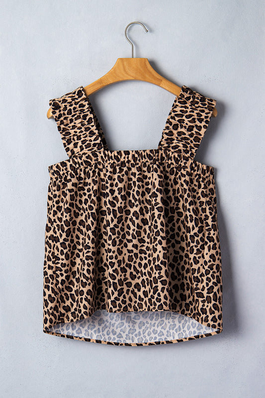 R1328 Brown Leopard Print Frilled Square Neck Tank Top