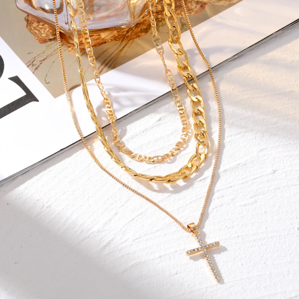 R1259 Gold Multi Layer Stacked Chains Necklace