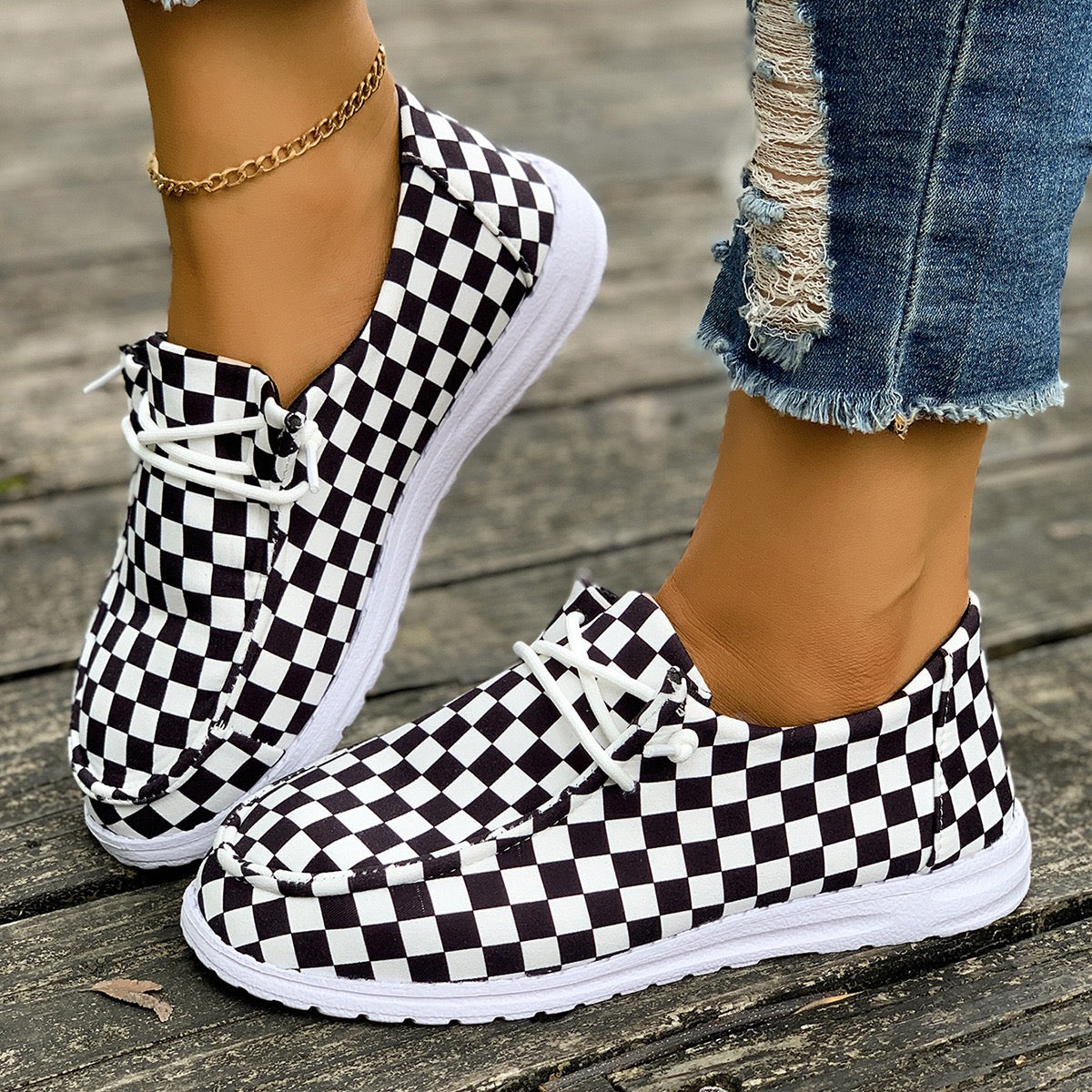 R1270 Lace-up Checked Flat Shoes