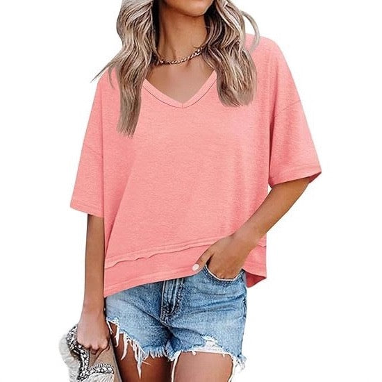 R1228 Women's Solid Color V-Neck Half-Sleeve T-Shirt