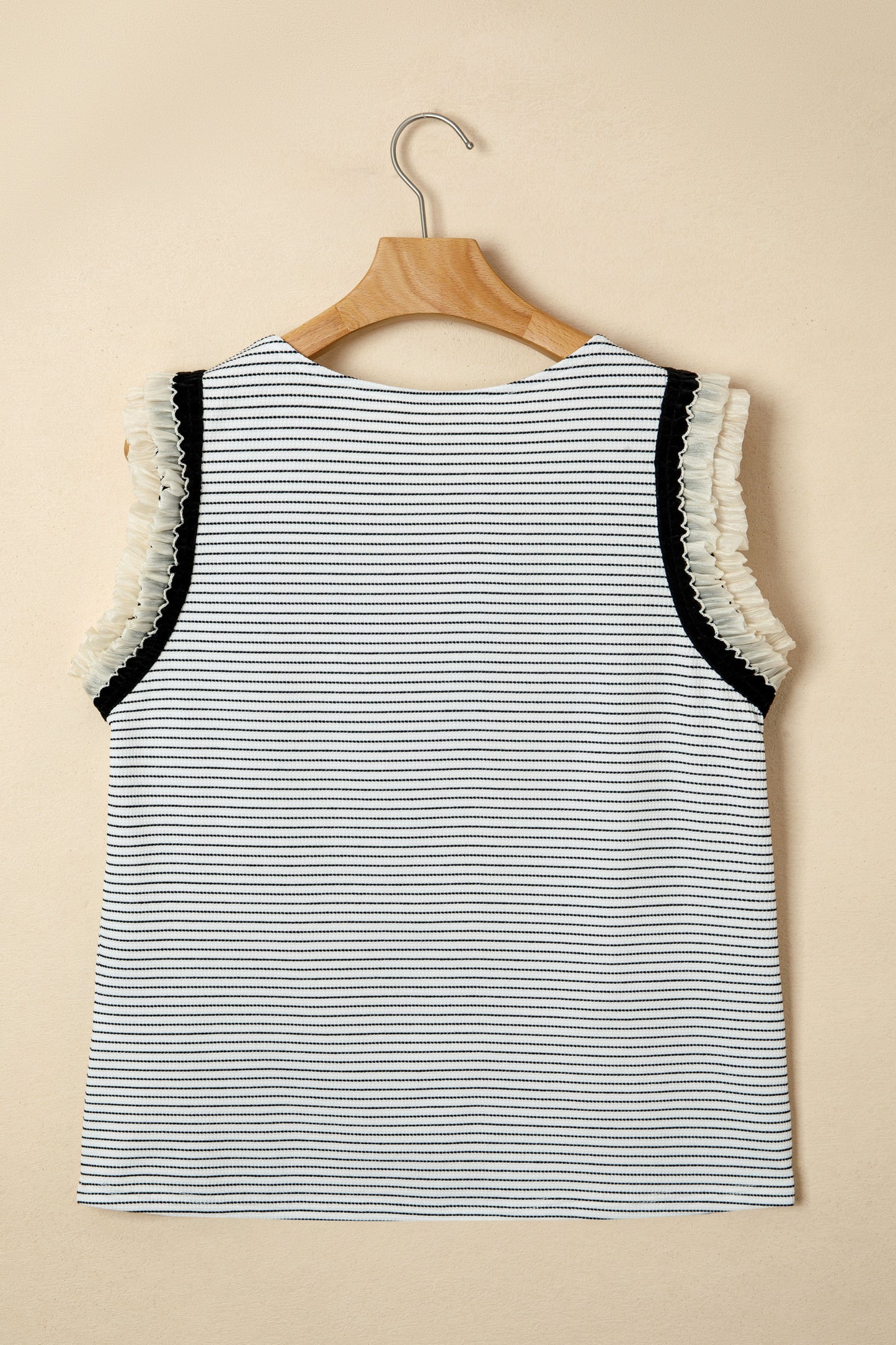 R1329 Black Stripe Contrasted Ruffle Trim Casual Tank Top