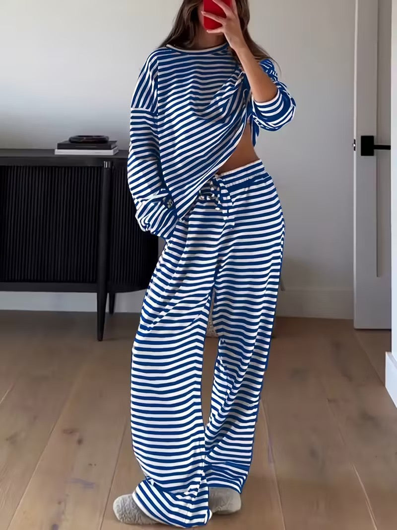 R1238 Striped Long Sleeve Top High-Waist Pants Two-Piece Set