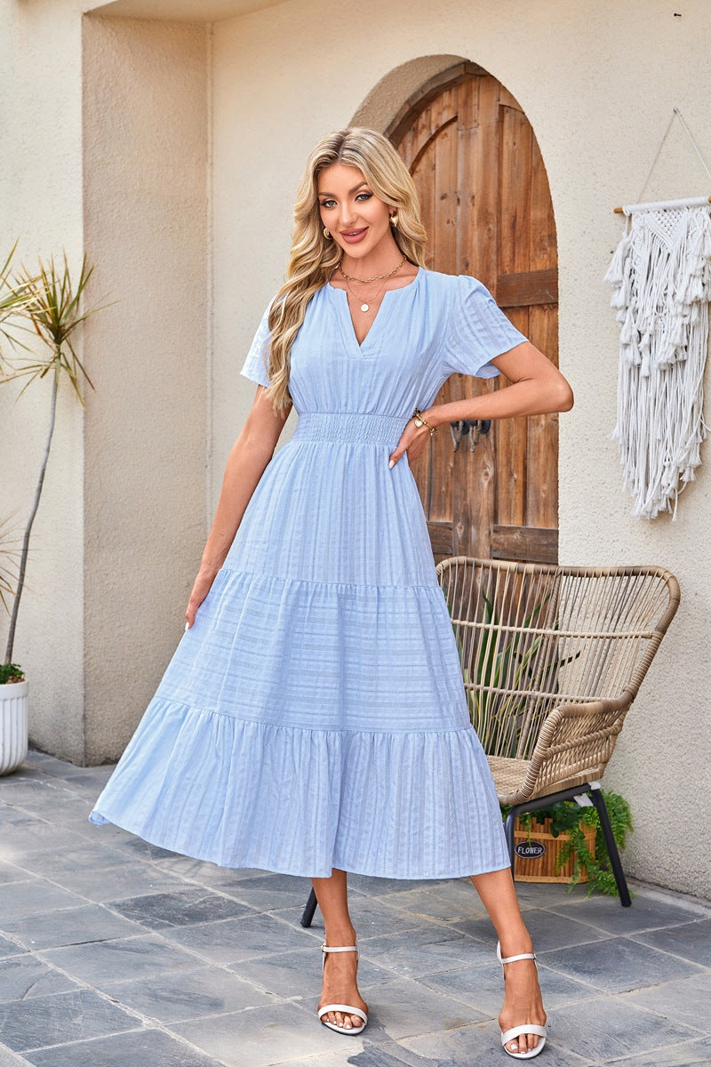 D5479 Solid Color Ruffle Dress Big Hem Long Dress
