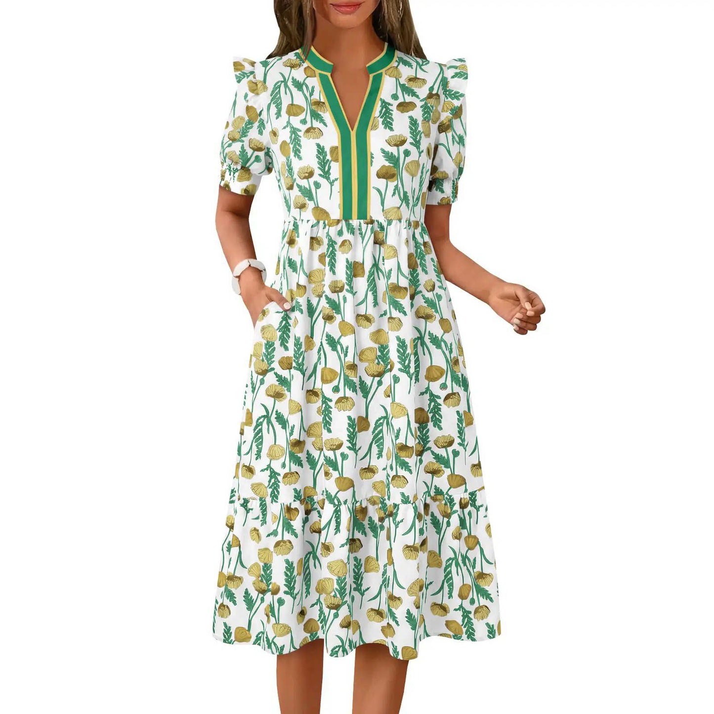 D5461 Puff Sleeve Floral Long Dress