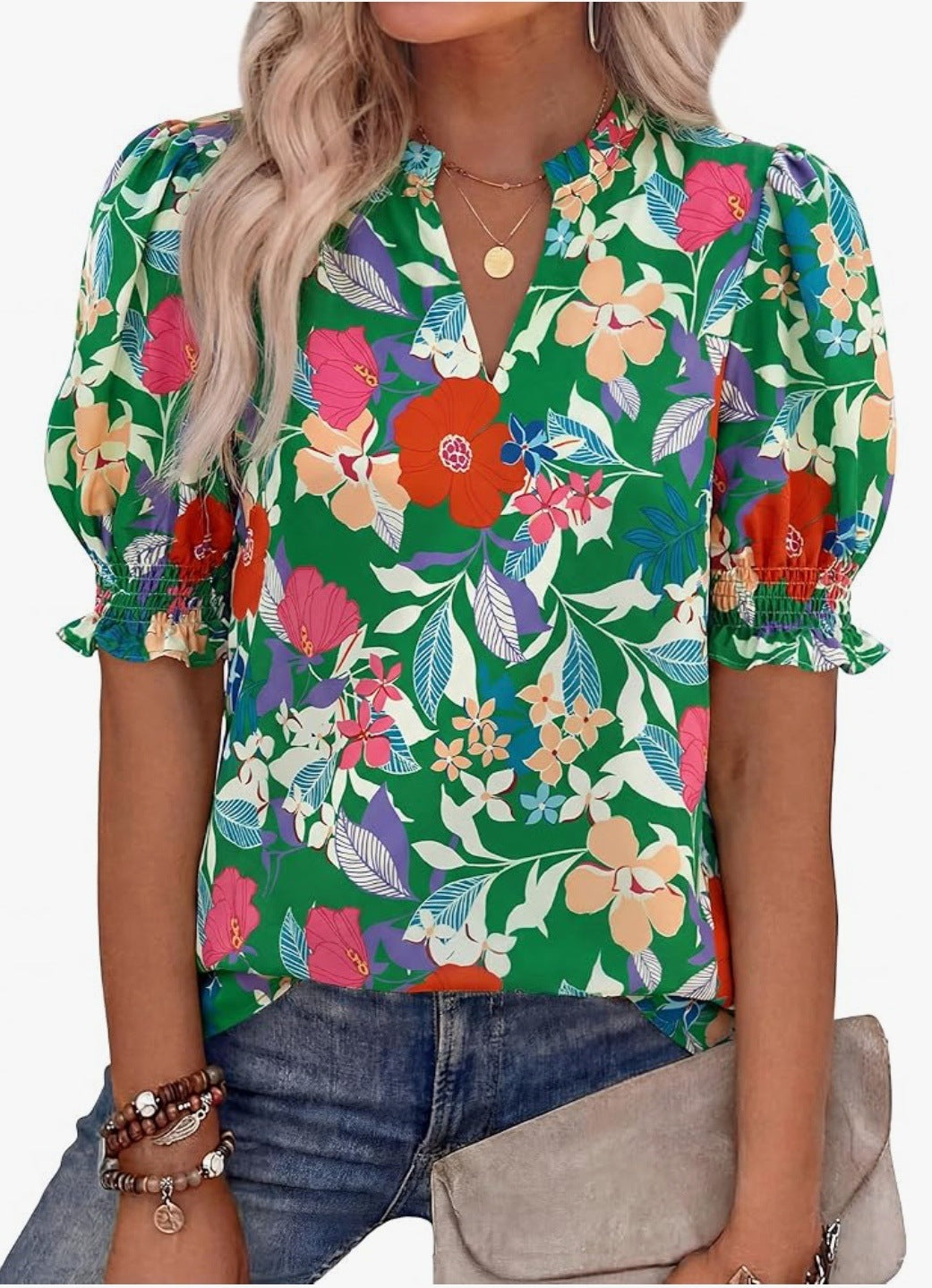 R5474 Puff Sleeve Floral Blouse