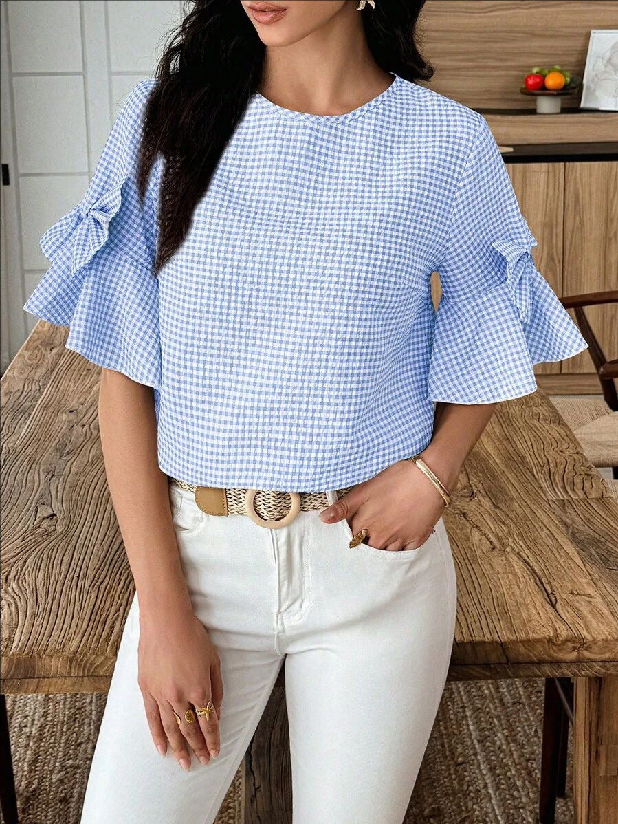D5491 Bowknot decorated checkered top, ruffled cuffs, puffed sleeves top