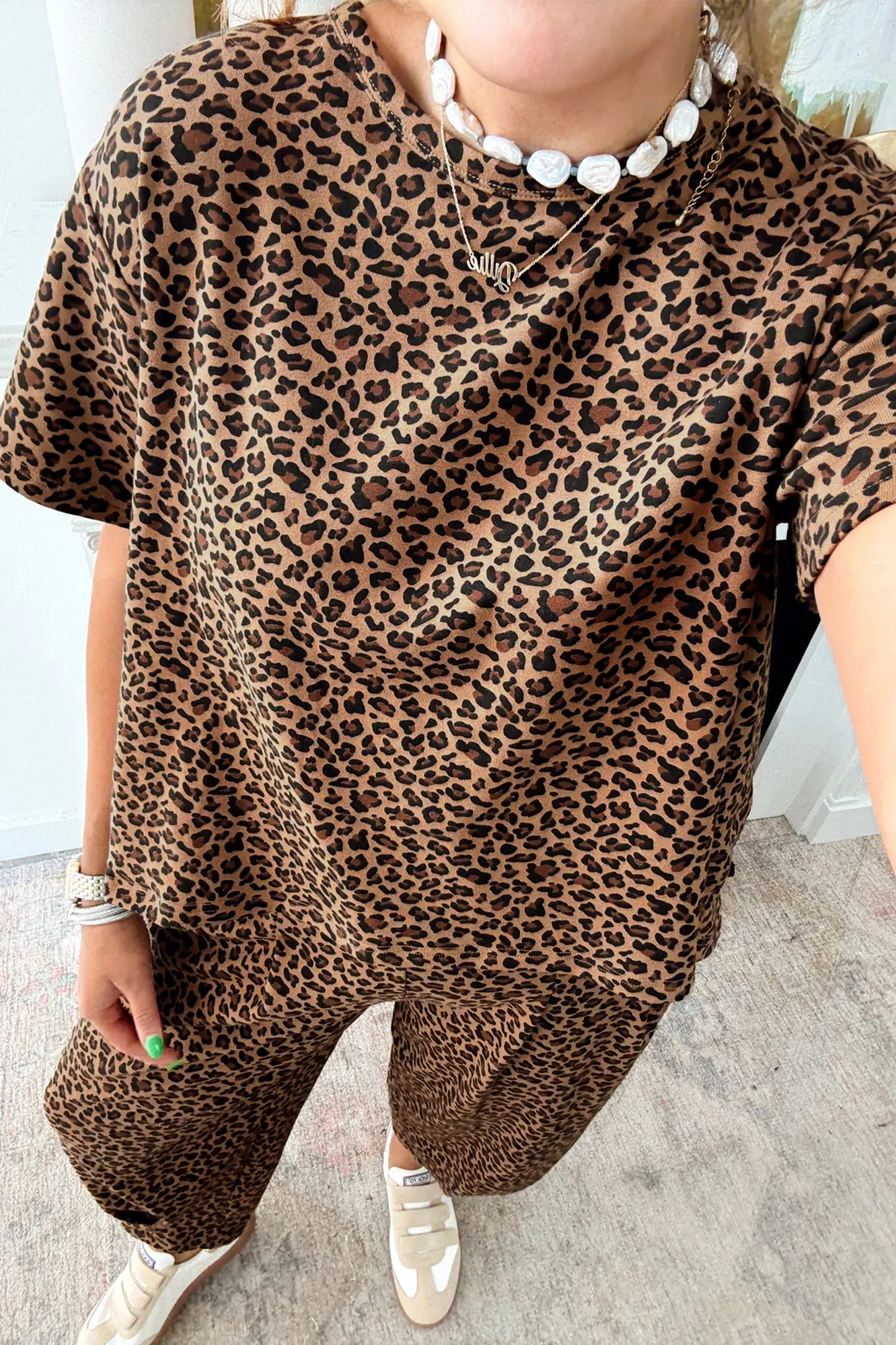 R1195 Short Sleeve Leopard Pants Set