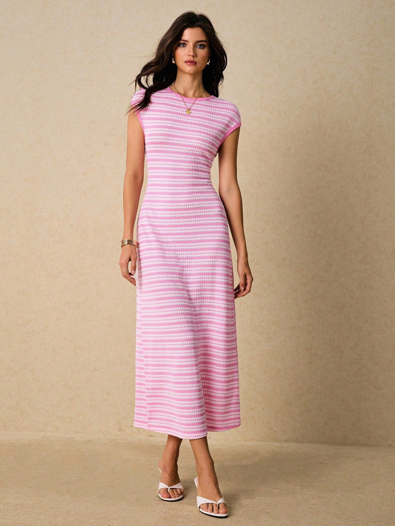 R1274 Short Sleeve Slim Fit Stripe Sweater Maxi Dress