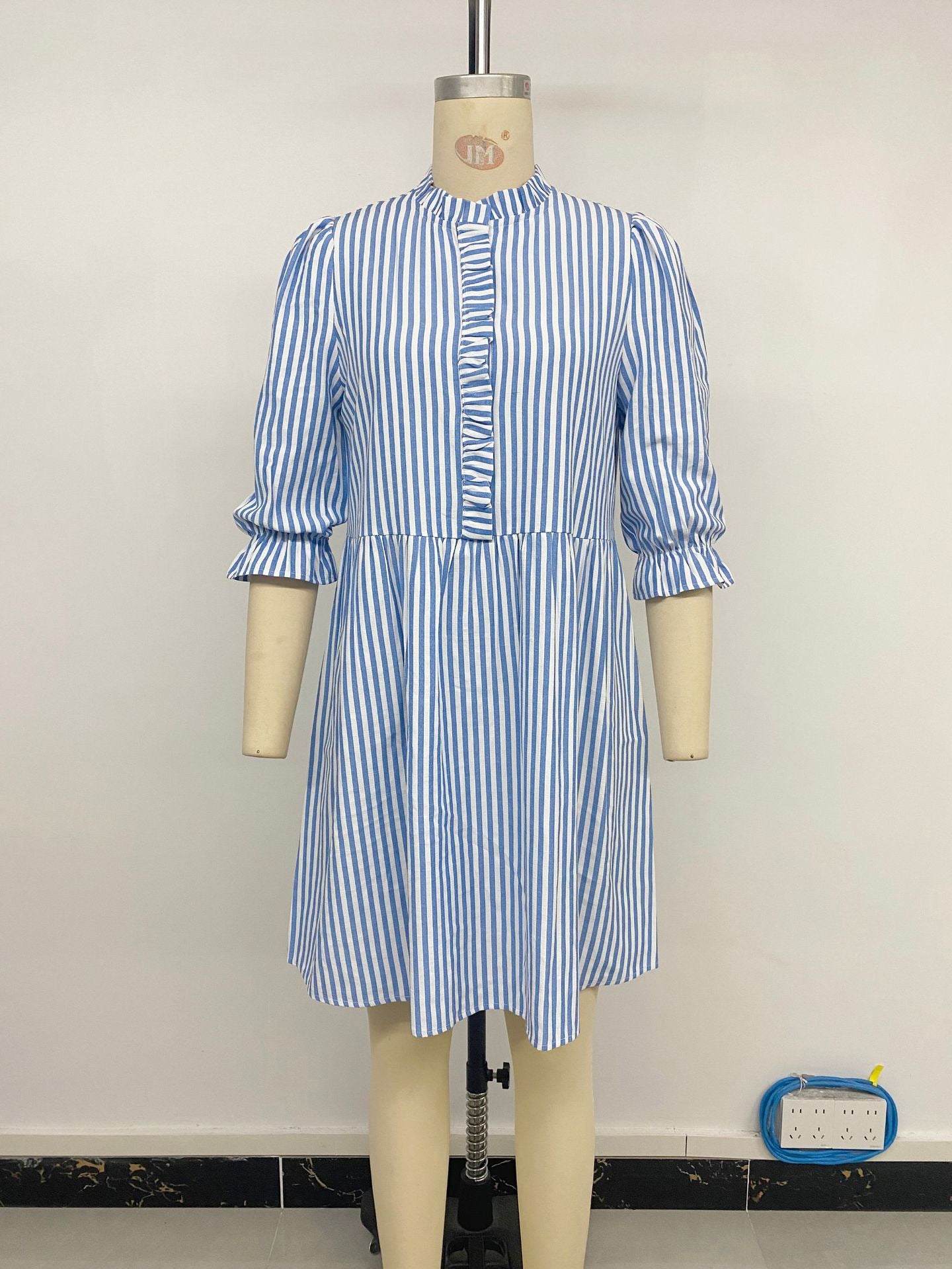 R1245 Bubble Sleeve Stand Collar Striped Dress for Women Summer