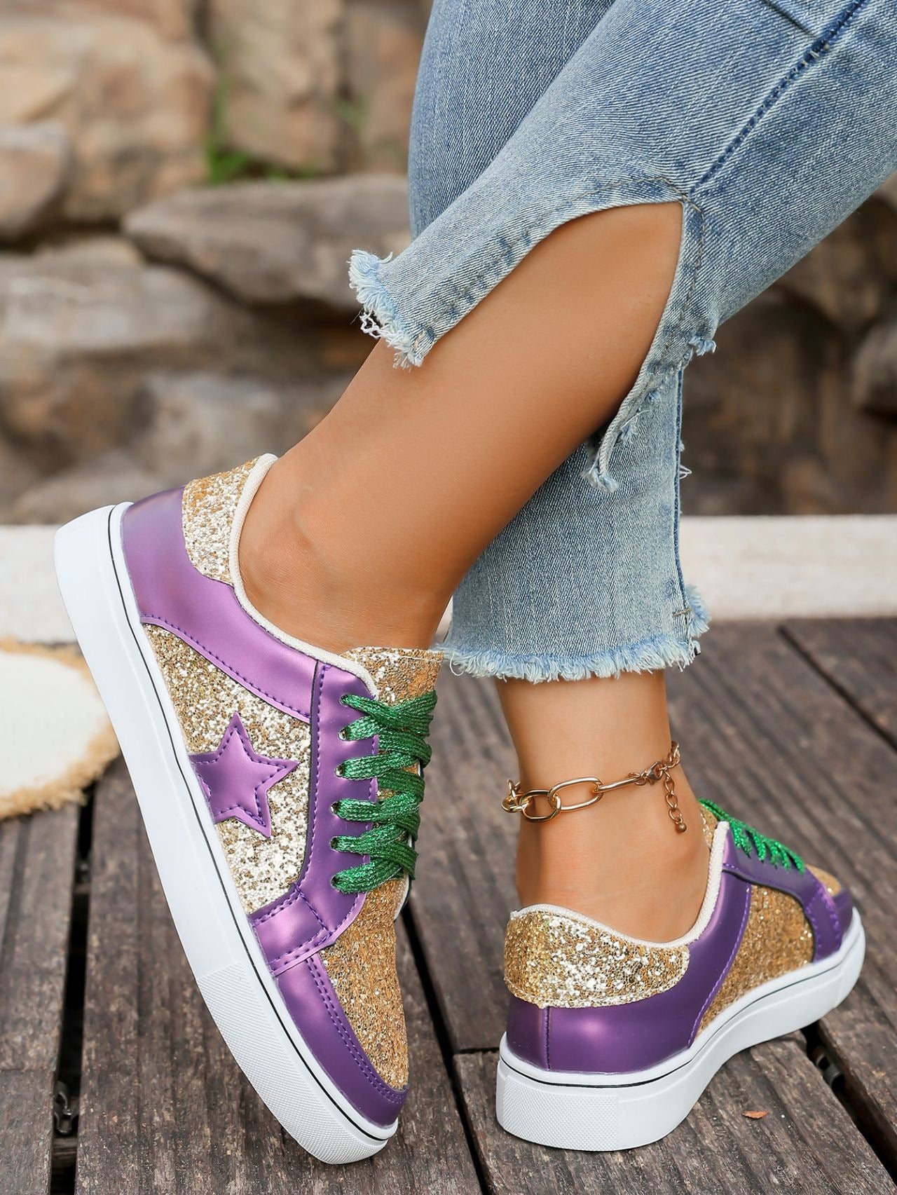 R1193 Glitter Star Pu Leather Sneakers
