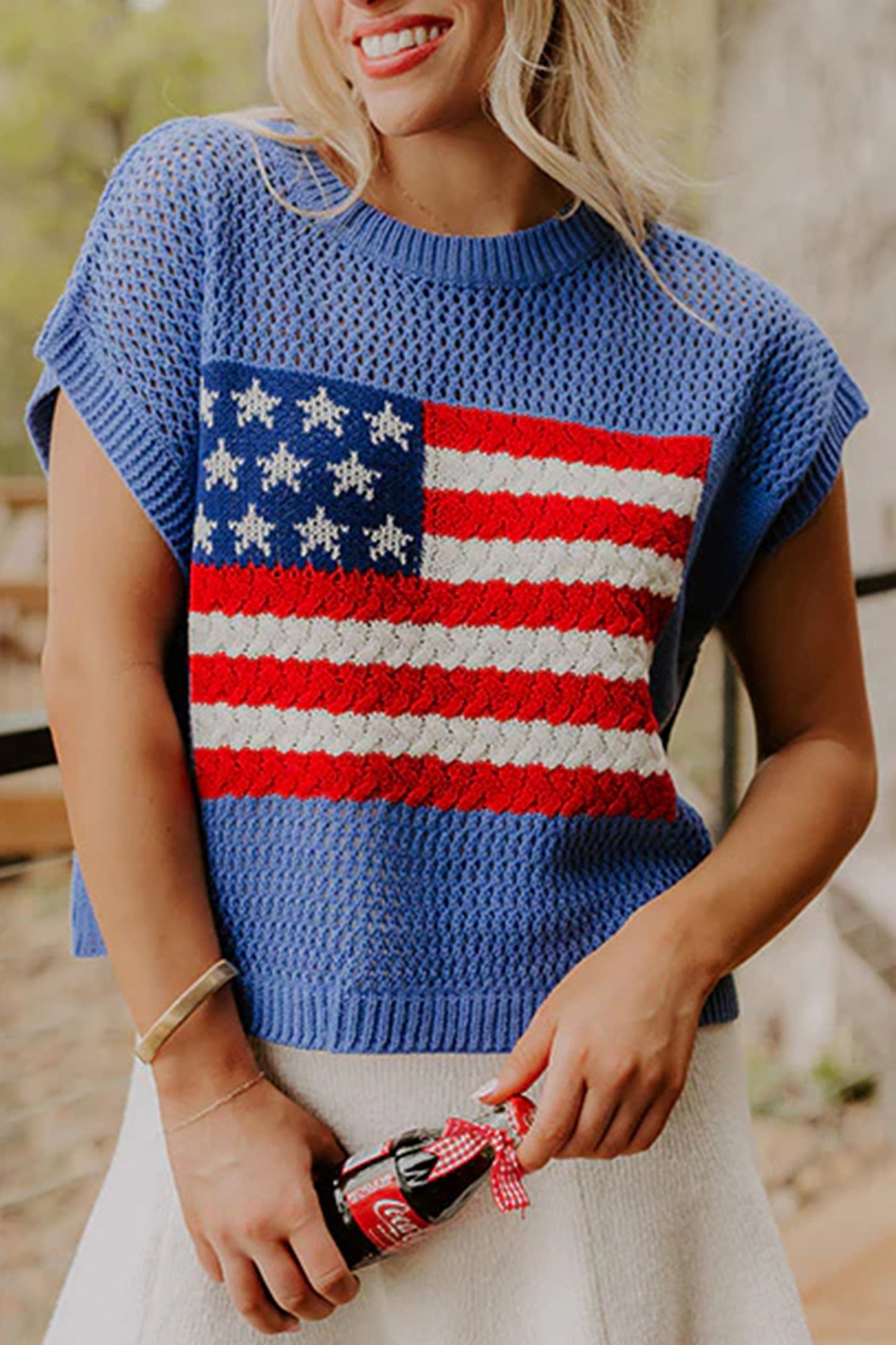R1346 Flag Graphic Short Sleeve Sweater Top