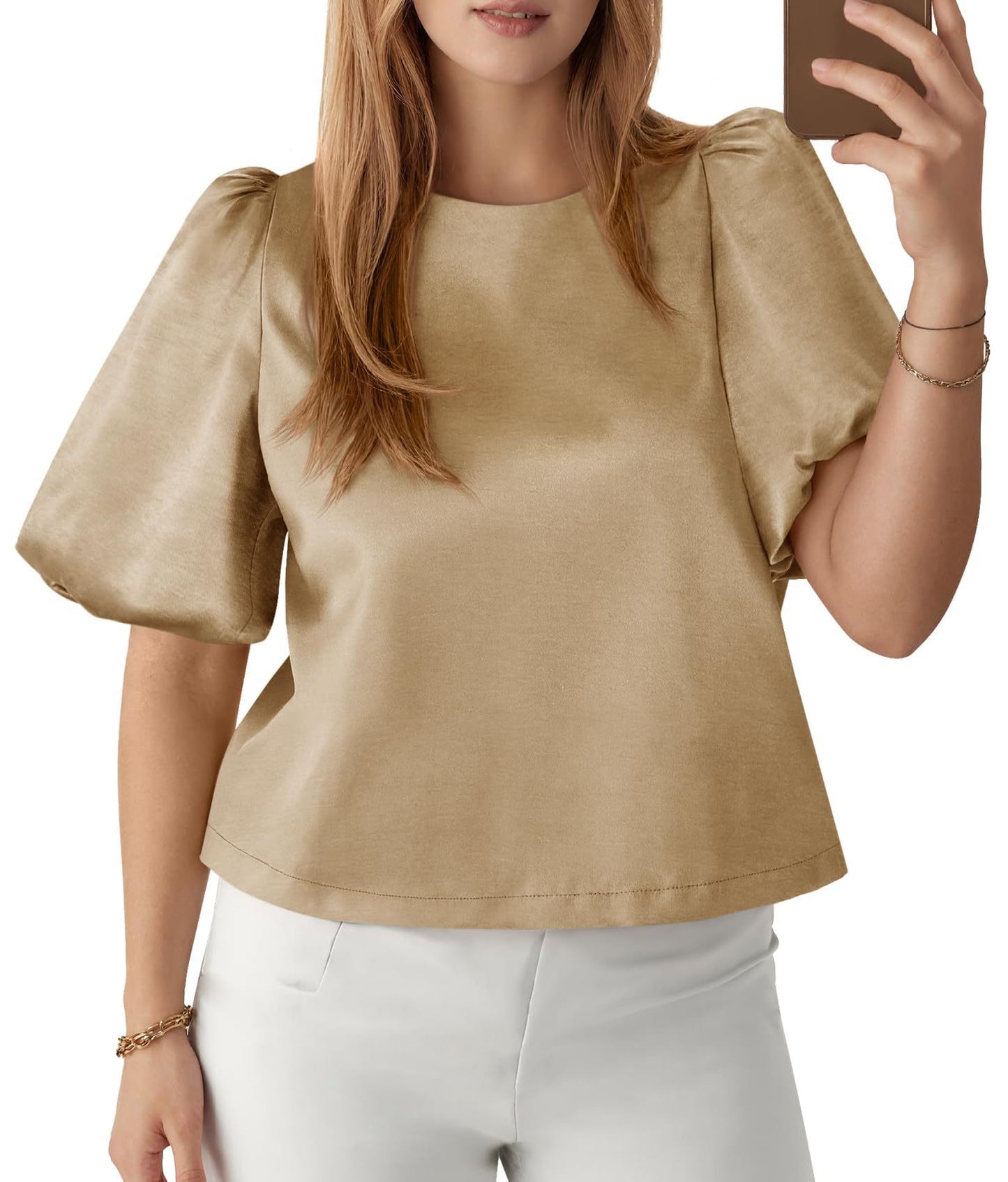 R1237 Women's Round Neck Satin Puff Sleeve Blouse