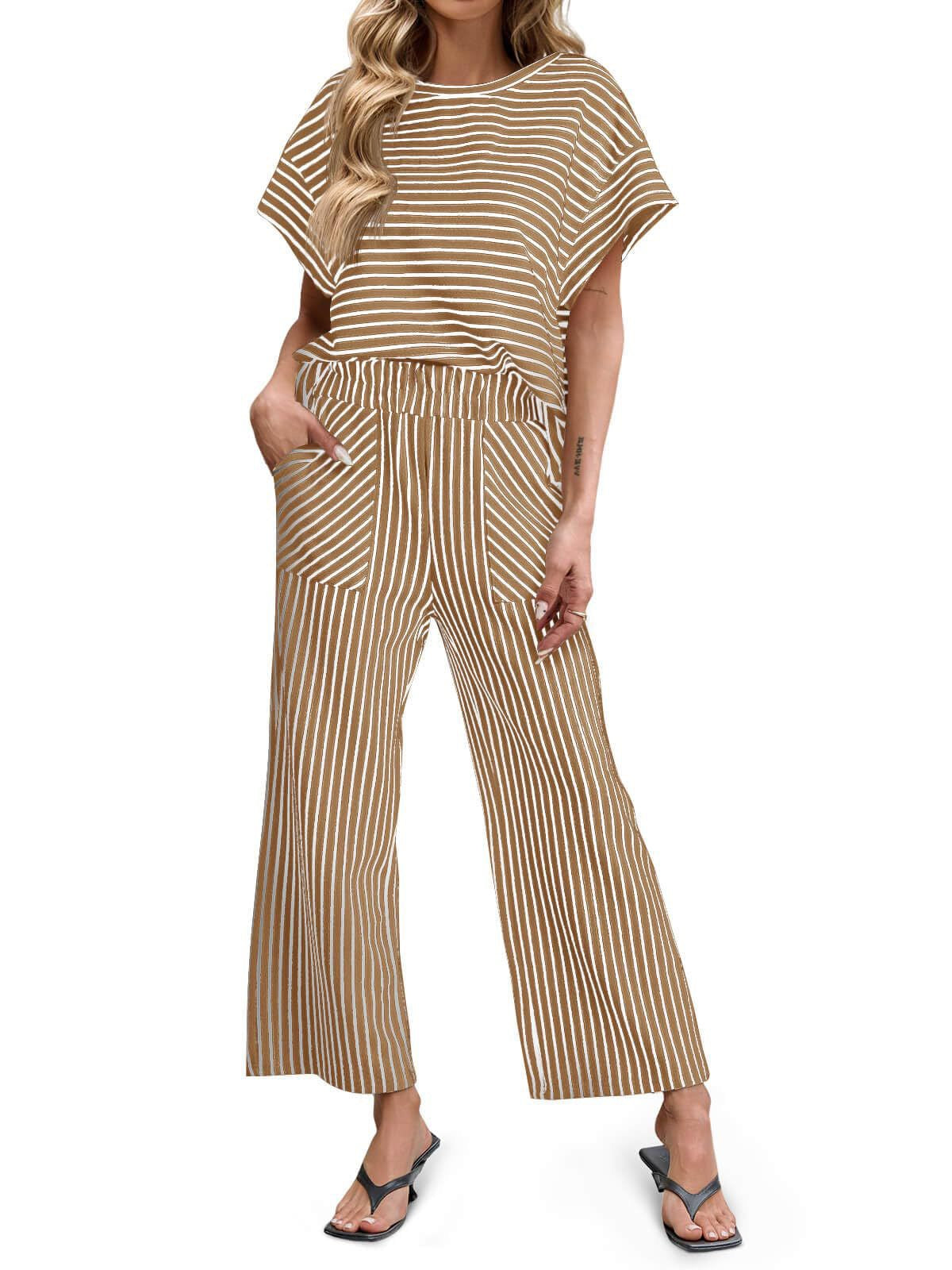 R1551 Bat Sleeve Stripe Top & Wide Leg Pant Set