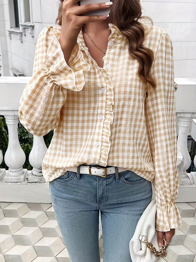 R1242 Long Sleeve Ruffle Hem Checked Blouse