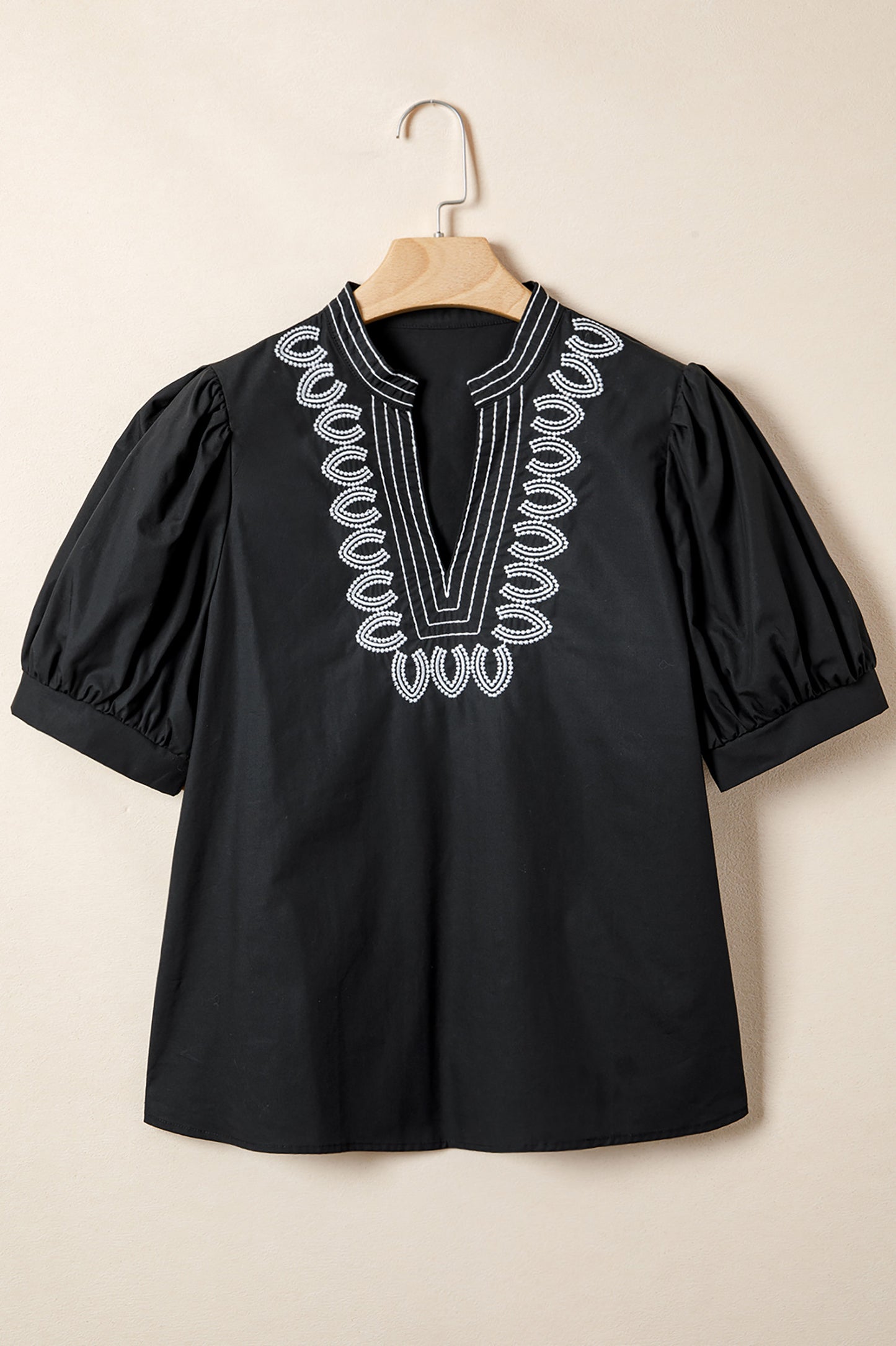 R1172 Black Puff Sleeve Embroidered Blouse