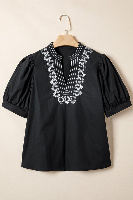 R1172 Black Puff Sleeve Embroidered Blouse