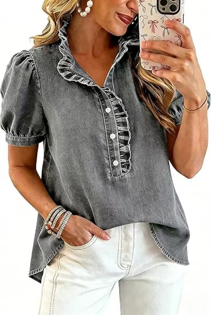 D5536 Ruffle Collar Denim Shirt