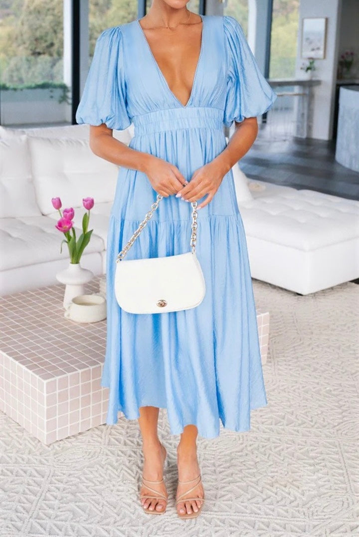 R1508 Deep V Neck Puff Sleeve Ruffle Long Dress