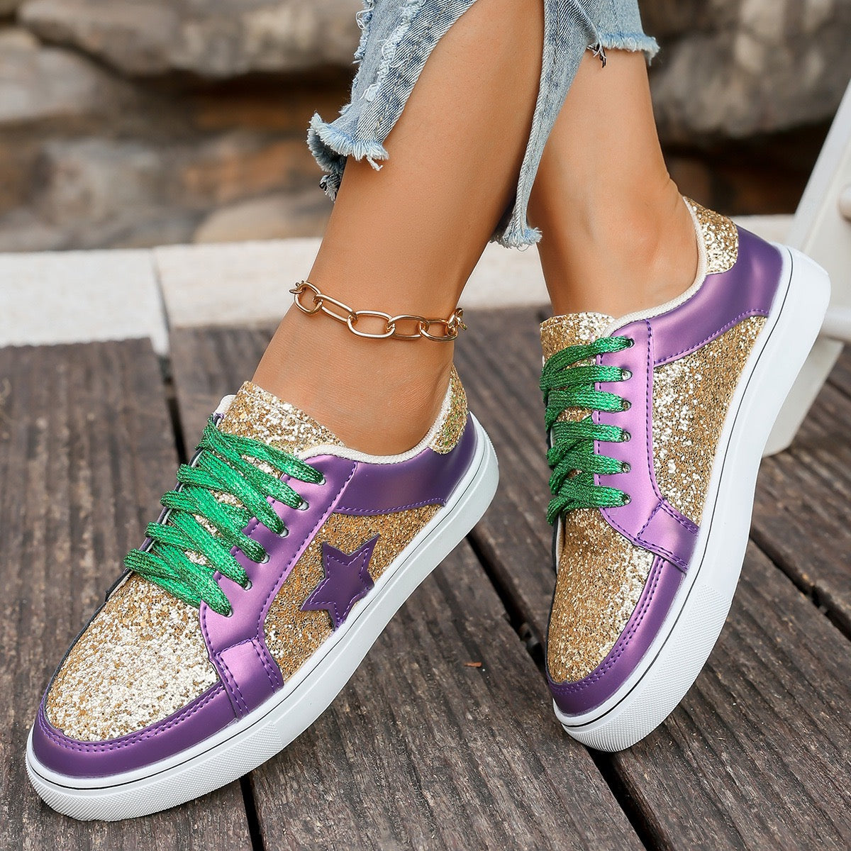 R1193 Glitter Star Pu Leather Sneakers