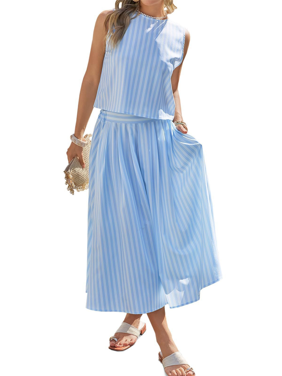 R1593 Stripe Button Two Pieces Long Dress Set