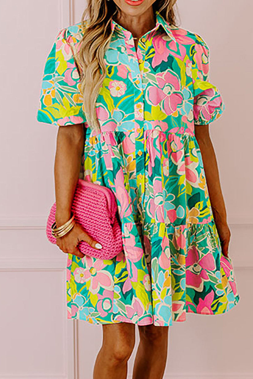 R1246 Floral Puff Sleeve Collar Buttoned Babydoll Dress
