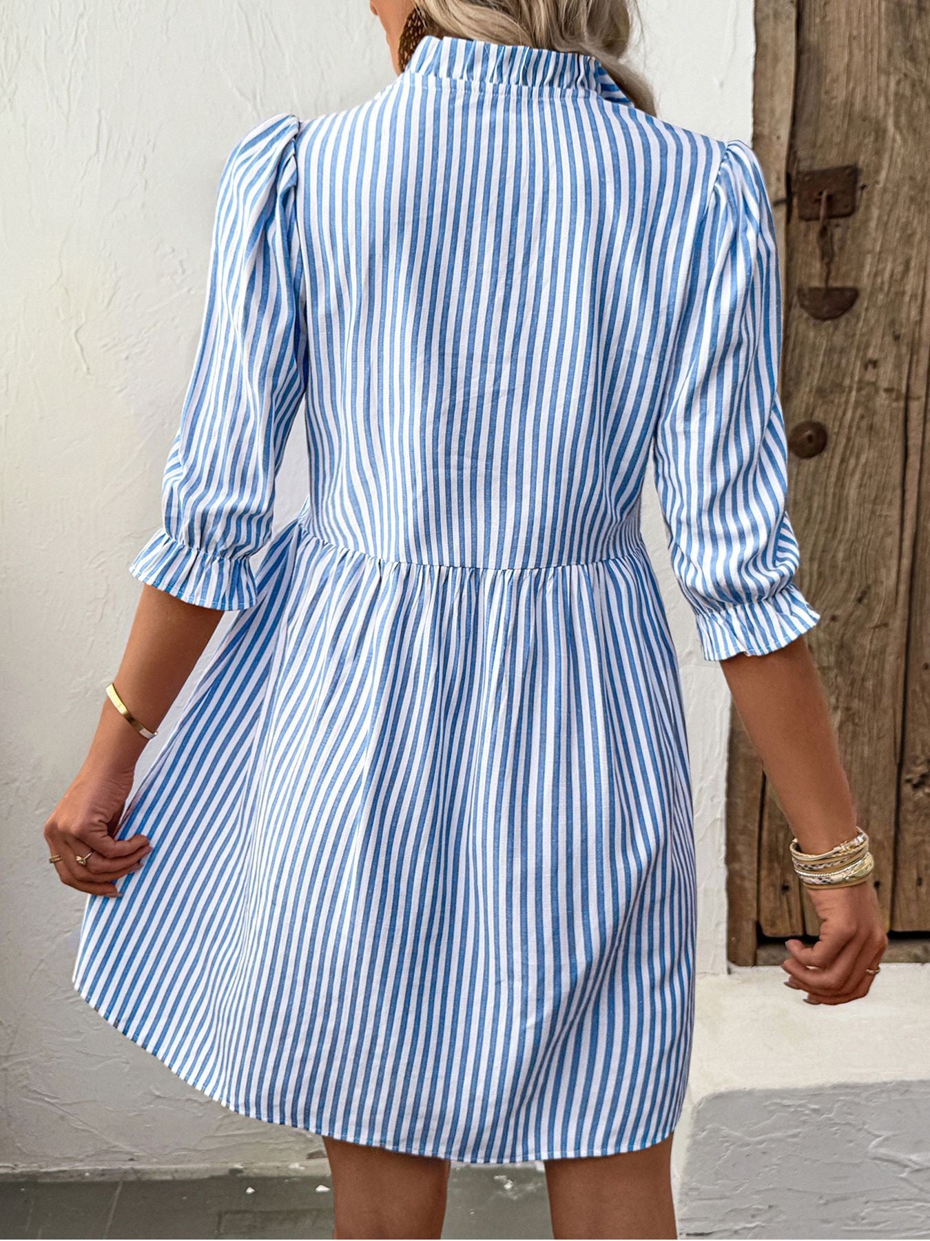 R1245 Bubble Sleeve Stand Collar Striped Dress for Women Summer