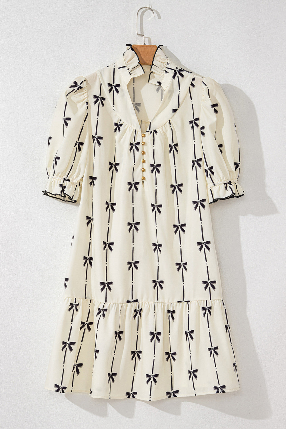 D3859 Bowknot Printed Bubble Sleeve Mini Dress