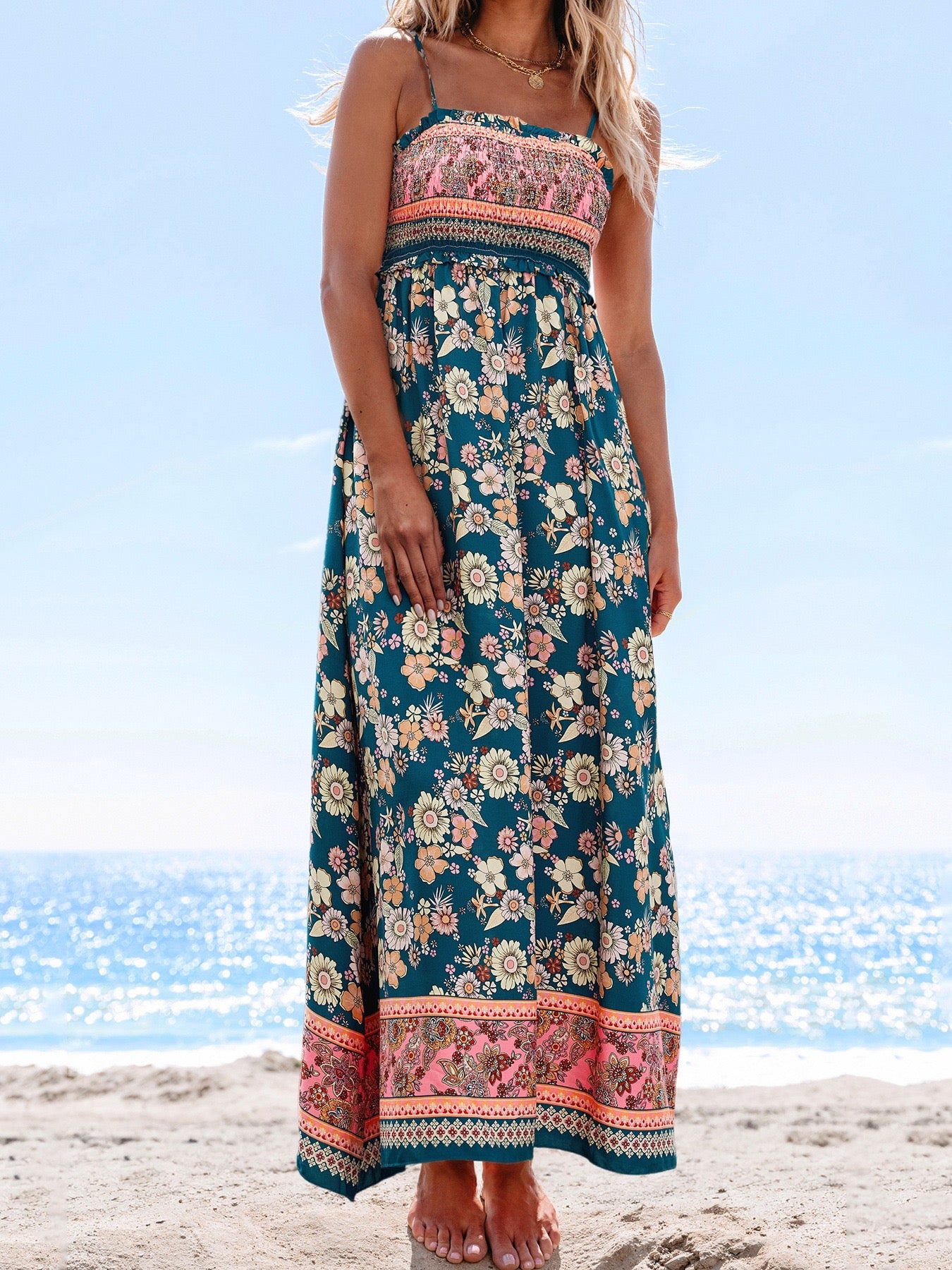 R1503 Bohemian Ethnic Print Spaghetti Straps Vacation Maxi Dress