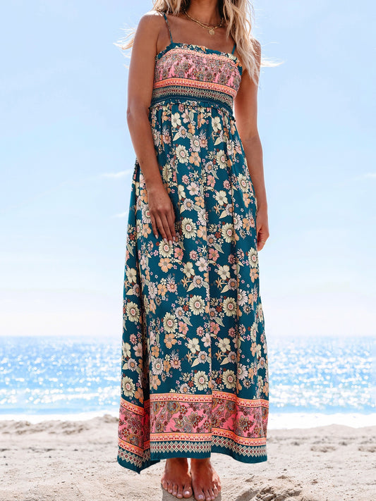 R1503 Bohemian Ethnic Print Spaghetti Straps Vacation Maxi Dress
