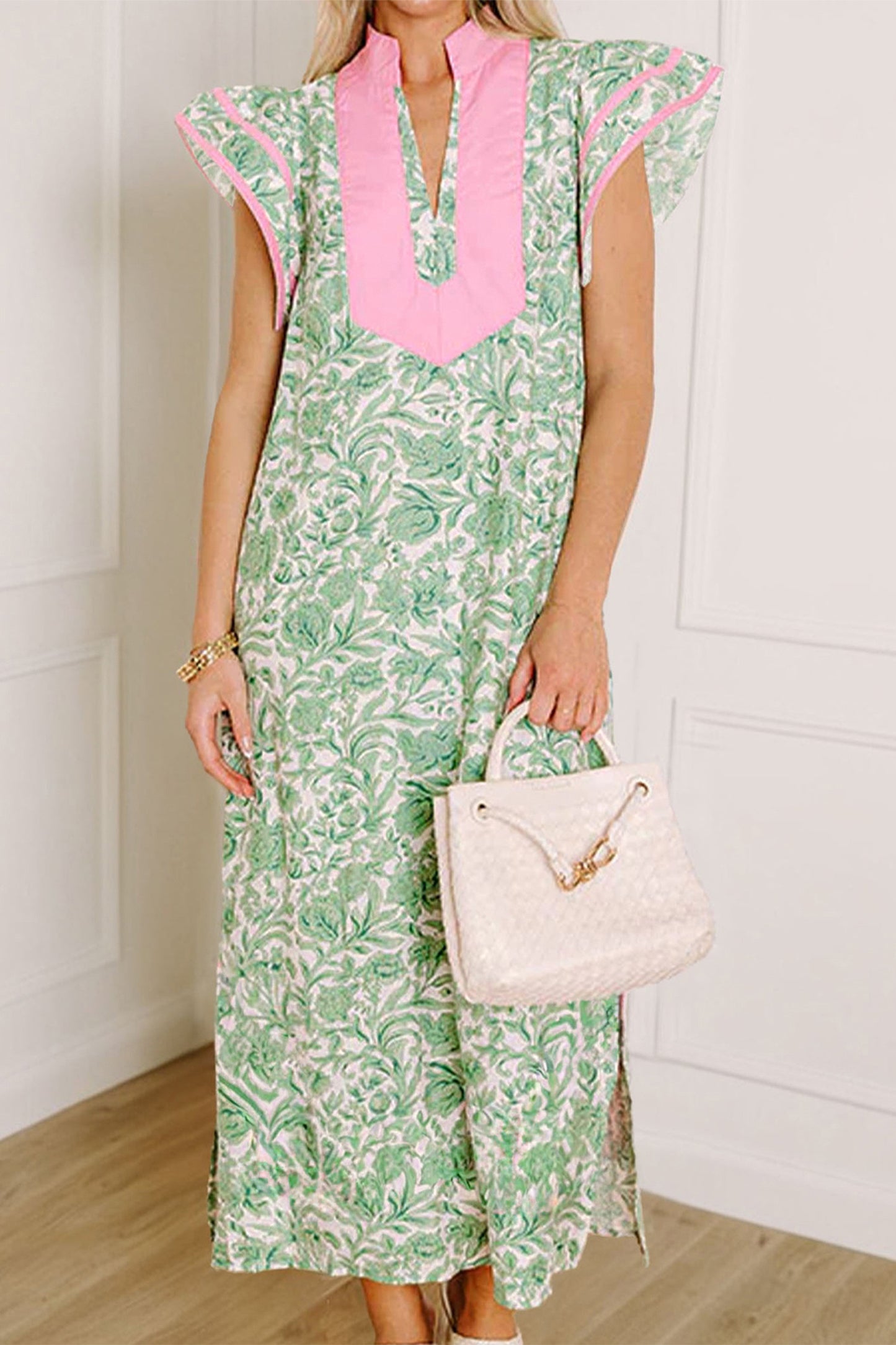R1336 Floral Print Color Block Patchwork V Neck Short Sleeve Long Dress