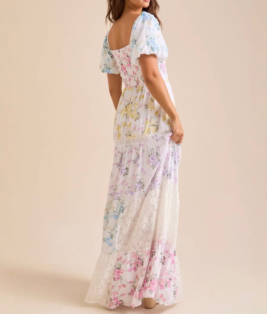 R1402 Multicolour Floral Print Striped Color Block Patchwork Square Neck Shirred Long Dress