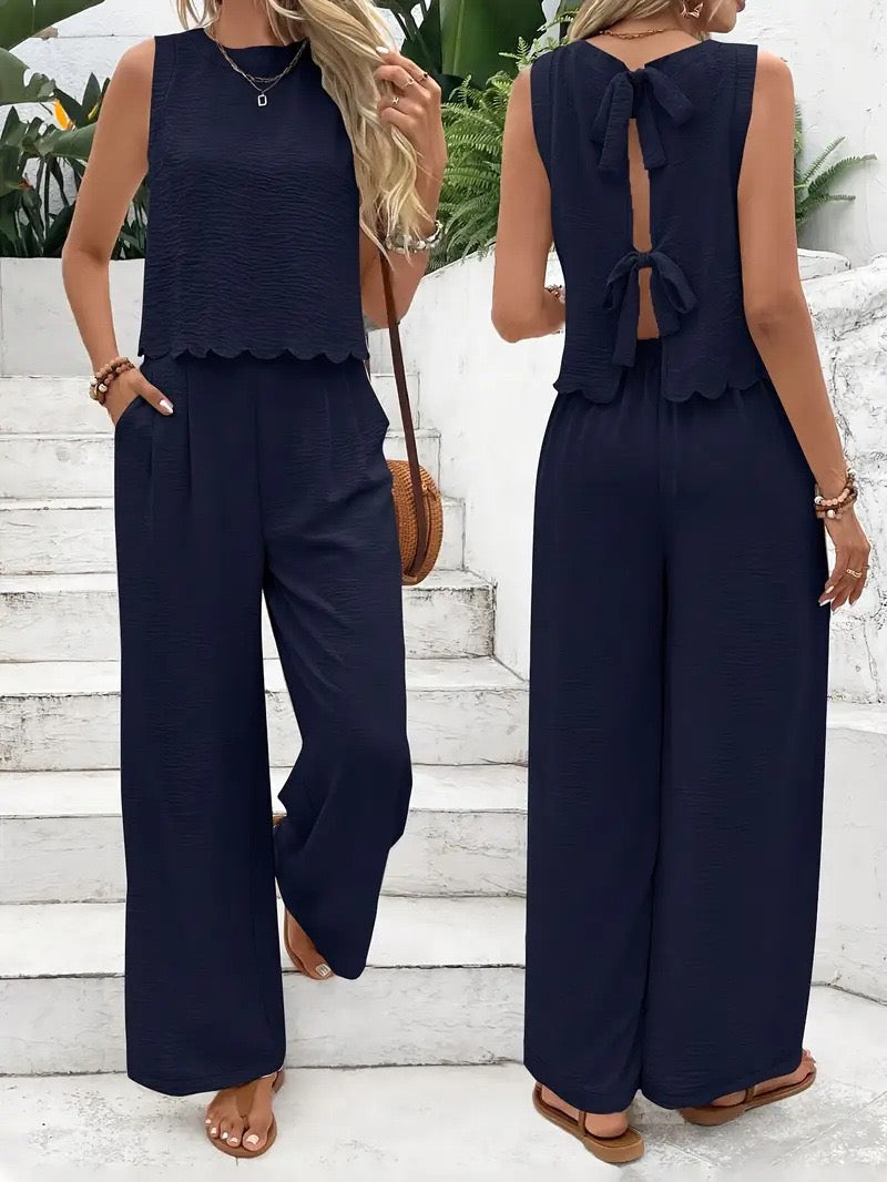 R1281 Bow Knot Back Tank Top and wide-leg pants two-piece set