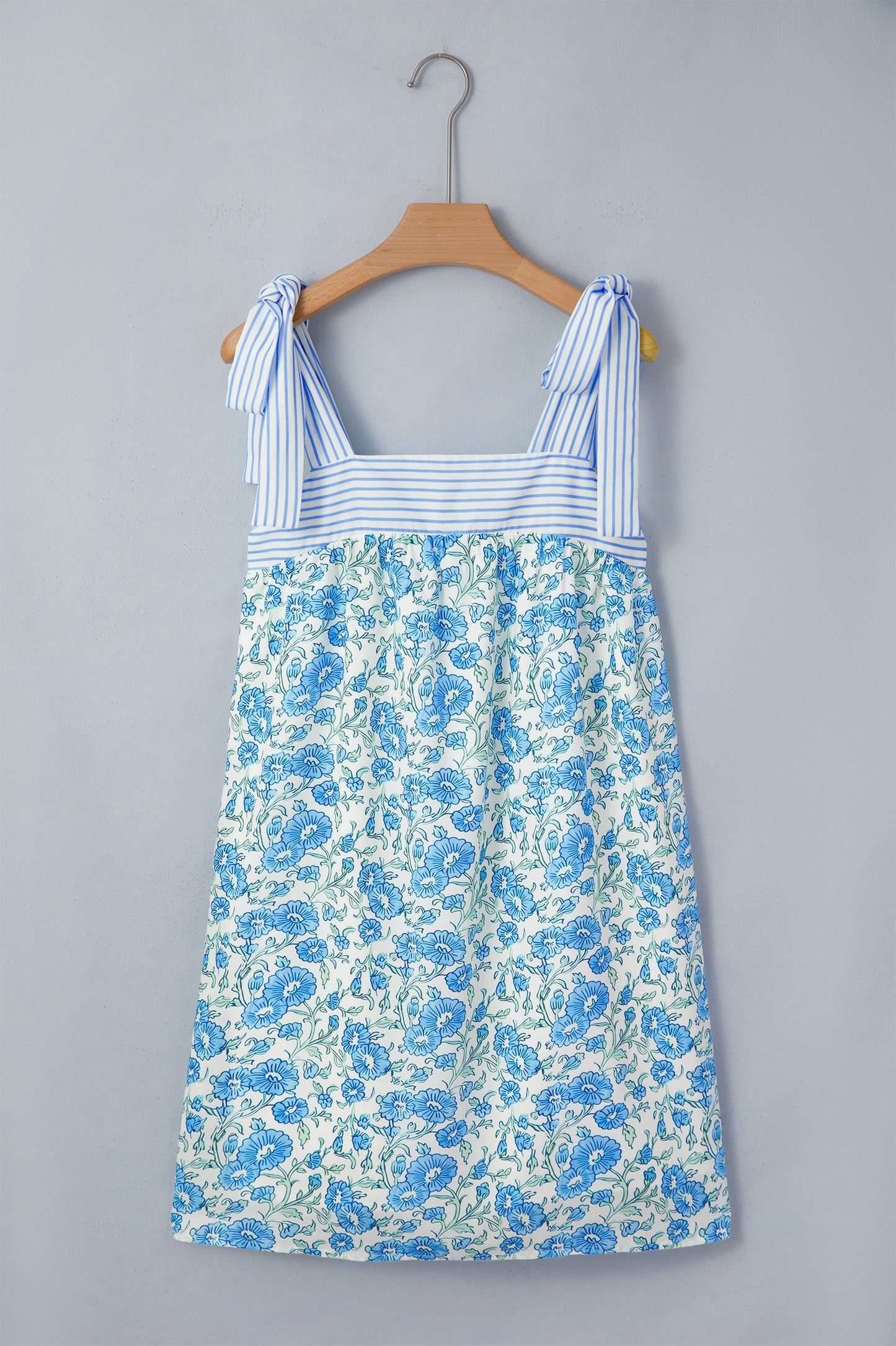 R1333 Sky Blue Floral Print Striped Patchwork Bow Knot Straps Mini Dress