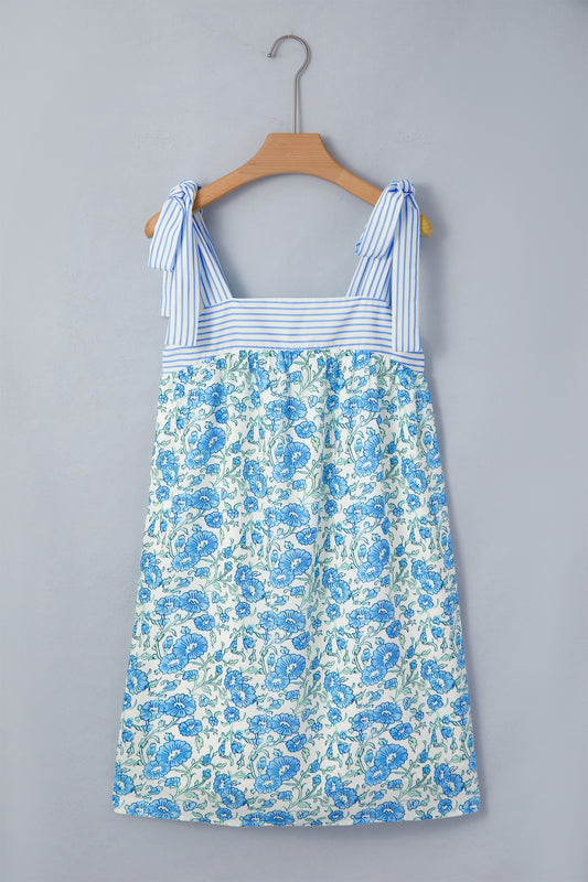 R1333 Sky Blue Floral Print Striped Patchwork Bow Knot Straps Mini Dress